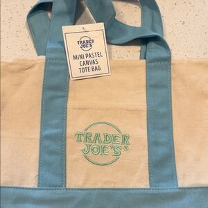 Trader Joe's Mini Pastel Canvas Tote - Cream with Light Blue Trim